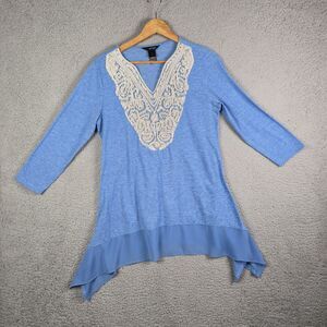 Ali Miles Womens Tunic M Blue Embroidered Ribbon Silver Stud Hem Soft Knit